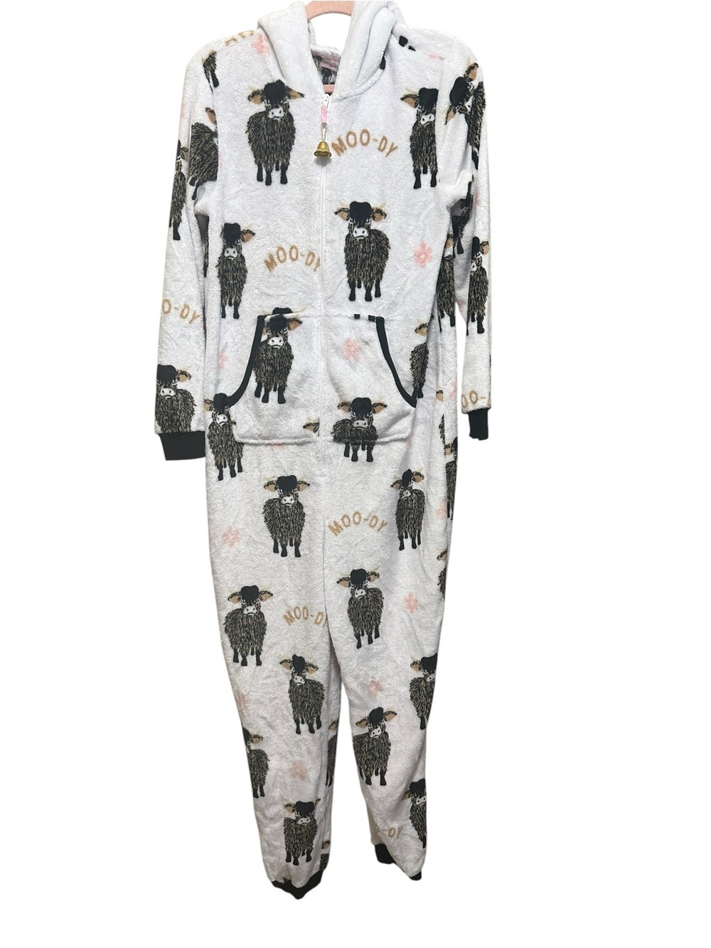 Holiday Time. White Hooded Fleece Onesie with Black Cow Print